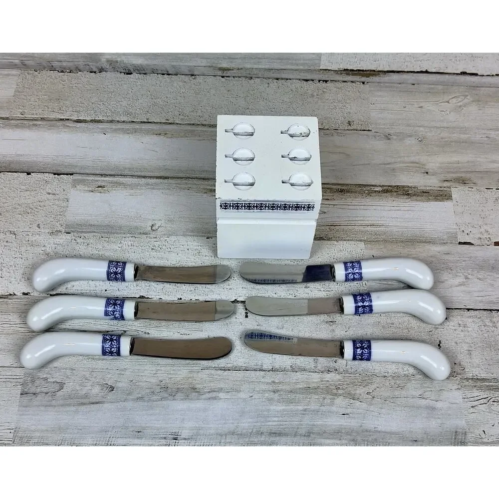 Vintage Blue White Ceramic Cheese Spreader Knife Set w/ Wood Block Japan 4 Pc